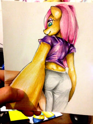 Size: 2121x2828 | Tagged: safe, artist:nolyanimeid, derpibooru import, fluttershy, anthro, human, female, hand, irl, irl human, looking at you, looking back, looking back at you, photo, solo, traditional art, wingless, wingless anthro