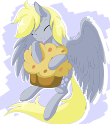 Size: 1600x1800 | Tagged: safe, artist:maravor, derpibooru import, derpy hooves, pegasus, pony, :p, eyes closed, female, food, giant muffin, hug, mare, muffin, solo, tongue, tongue out