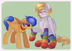 Size: 4154x2936 | Tagged: safe, artist:vetta, derpibooru import, oc, oc only, oc:eclair winglain, oc:ludwig von leeb, pegasus, pony, clothes, dressing, rainbow socks, socks, stockings, striped socks, thigh highs