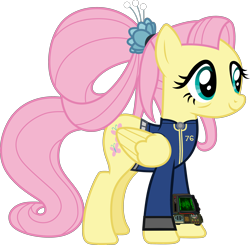 Size: 3062x3000 | Tagged: safe, artist:ponygamer2020, derpibooru import, fluttershy, pegasus, pony, fallout equestria, the last problem, clothes, fallout, fallout 76, female, flower, flower in hair, jumpsuit, looking at you, mare, older, older fluttershy, pip-boy 2000 mark vi, pipboy, simple background, smiling, smiling at you, solo, transparent background, vault suit, vector