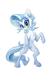 Size: 935x1323 | Tagged: safe, artist:calena, derpibooru exclusive, derpibooru import, oc, oc only, oc:frosty sharp, pony, unicorn, 2022 community collab, belly button, bipedal, chest fluff, cute, derpibooru community collaboration, fluffy, grin, looking at you, not rarity, simple background, smiling, solo, style emulation, transparent background