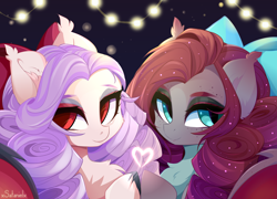 Size: 5000x3600 | Tagged: safe, artist:xsatanielx, derpibooru import, oc, oc only, oc:enya lunar eclipse, oc:luna valentine, bat pony, pony, bat pony oc, bow, chest fluff, ear fluff, ear tufts, ears, freckles, hair bow, heart, holding hooves, looking at you, smiling, smiling at you