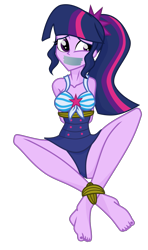 Size: 1219x2060 | Tagged: safe, artist:splendidbondage, derpibooru import, sci-twi, twilight sparkle, equestria girls, ankle tied, arm behind back, barefoot, bondage, bound and gagged, clothes, feet, female, gag, rope, rope bondage, simple background, solo, swimsuit, tape, tape gag, transparent background