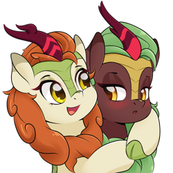 Size: 1940x1940 | Tagged: safe, artist:nathayro37, derpibooru import, autumn blaze, cinder glow, summer flare, kirin, awwtumn blaze, blushing, cinderbetes, cute, duo, female, hug, looking at each other, open mouth, open smile, simple background, smiling, transparent background