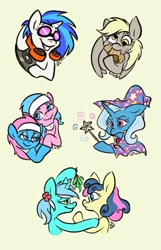 Size: 617x960 | Tagged: safe, artist:ilcerbiastrelloarts, derpibooru import, aloe, bon bon, dj pon-3, lotus blossom, lyra heartstrings, sweetie drops, trixie, vinyl scratch, female, lesbian, lyrabon, shipping