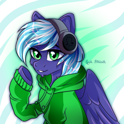 Size: 1920x1920 | Tagged: safe, artist:leah minik, derpibooru import, oc, oc only, oc:moonlight drop, pegasus, clothes, headphones, solo, sweater