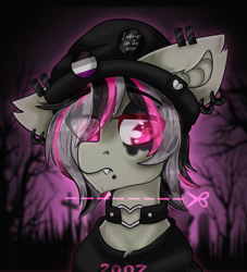 Size: 2000x2200 | Tagged: safe, artist:etoz, derpibooru import, oc, oc only, oc:gravel shine, bat pony, pony, asexual, asexual pride flag, bat pony oc, choker, clothes, collar, commission, ear piercing, earring, emo, eyebrow piercing, eyebrows, eyebrows visible through hair, fangs, hat, jewelry, lip piercing, looking away, makeup, male, piercing, pride, pride flag, sad, snake bites, stallion, wingding eyes