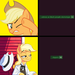 Size: 1024x1024 | Tagged: safe, artist:anontheanon, applejack, applejack's plantation, comparison, hotline bling, meme, meta, ponybooru, tags, zebras as black people stereotype, ziggers