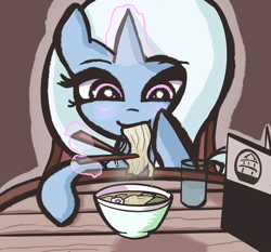 Size: 2240x2086 | Tagged: safe, artist:solid shrimp, derpibooru import, trixie, pony, unicorn, chopsticks, eating, eyelashes, female, food, glass, horn, magic, mare, noodles, solo, telekinesis