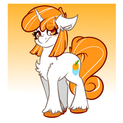 Size: 4000x4000 | Tagged: safe, artist:witchtaunter, derpibooru import, oc, oc only, oc:orange sherbet, pony, unicorn, chest fluff, ear fluff, ears, female, food, freckles, gradient background, looking at you, mare, orange, shoulder fluff, smiling, smiling at you, solo, unshorn fetlocks