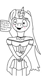 Size: 640x1136 | Tagged: safe, artist:php149, derpibooru import, princess luna, anthro, clothes, date, dialogue, dress, kotobukiya princess luna, looking at you, monochrome