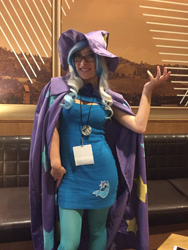 Size: 2121x2828 | Tagged: safe, artist:cinemabrony, artist:raecheveyc, derpibooru import, trixie, human, cape, clothes, cosplay, costume, equestria la, equestria la 2015, hat, irl, irl human, photo, trixie's cape, trixie's hat