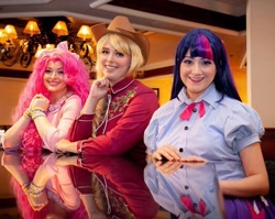 Size: 827x657 | Tagged: safe, artist:maddymoiselle, artist:sarahndipity cosplay, artist:shelbeanie, derpibooru import, applejack, pinkie pie, twilight sparkle, human, equestria girls, clothes, cosplay, costume, everfree northwest 2019, grin, humanized, irl, irl human, photo, smiling