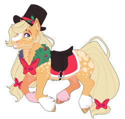 Size: 2000x1900 | Tagged: safe, artist:uunicornicc, derpibooru import, applejack, earth pony, pony, bow, cheek fluff, christmas wreath, ear fluff, ears, grin, hair bow, hat, heart eyes, holly, neck fluff, saddle, simple background, smiling, solo, tack, tail, tail bow, top hat, transparent background, unshorn fetlocks, wingding eyes, wreath