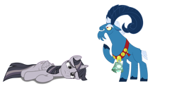 Size: 4096x1995 | Tagged: safe, artist:dashiesparkle, artist:wardex101, derpibooru import, edit, grogar, twilight sparkle, twilight sparkle (alicorn), alicorn, pony, twilight's kingdom, bad end, bell, cloven hooves, defeated, discorded, discorded twilight, failure, female, folded wings, grogar's bell, lying down, male, mare, on side, simple background, tired, transparent background, wings