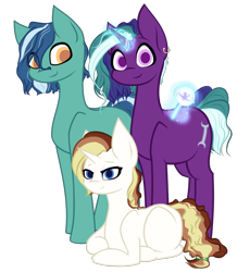 Size: 2148x2467 | Tagged: safe, artist:those kids in the corner, derpibooru import, oc, oc:chaos bringer, oc:spark, earth pony, unicorn, 2021 community collab, curly hair, derpibooru community collaboration, female, hairtie, levitation, lying down, magic, male, mare, pregnant, rattle, simple background, smiling, stallion, standing, telekinesis, transparent background, trio, unnamed oc