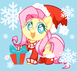 Size: 1000x920 | Tagged: safe, artist:yokokinawa, derpibooru import, fluttershy, pegasus, pony, blue background, booties, christmas, clothes, cute, female, hat, heart eyes, holiday, mare, open mouth, present, santa hat, shyabetes, simple background, snow, snowflake, solo, sweater, sweatershy, white pupils, wingding eyes