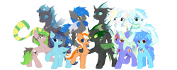 Size: 5000x2000 | Tagged: safe, artist:neverend, derpibooru import, oc, oc only, oc:accurate balance, oc:chela, oc:freedom melody, oc:frosty illusion, oc:ladetaw, oc:liquid heart, oc:serene secrets, oc:utopia, oc:west wind, oc:zerol acqua, bat pony, changeling, pegasus, unicorn, 2022 community collab, :3, accopia, blushing, chest fluff, clothes, derpibooru community collaboration, forked tongue, green changeling, looking at you, scarf, smiling, spread wings, tongue, tongue out, wide eyes, wings