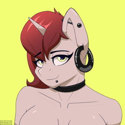 Size: 1720x1720 | Tagged: safe, artist:beohaze, derpibooru import, oc, oc only, anthro, unicorn, anthro oc, breasts, bust, cel shading, choker, ear piercing, earring, eyebrows, eyebrows visible through hair, eyelashes, female, goth, horn, industrial piercing, jewelry, lip piercing, looking at you, piercing, shading, simple background, smiling, smiling at you, solo, yellow background