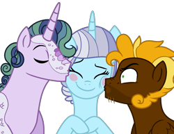 Size: 1168x904 | Tagged: safe, artist:bishopony, derpibooru import, oc, oc:cinnamon, oc:lance, oc:radiance, dracony, hybrid, pegasus, pony, unicorn, base used, blush sticker, blushing, female, horn, interspecies offspring, kiss on the cheek, kiss sandwich, kissing, magical lesbian spawn, male, mare, oc x oc, offspring, parent:dumbbell, parent:lightning dust, parent:rarity, parent:spike, parent:trixie, parent:twilight sparkle, parents:lightningbell, parents:sparity, parents:twixie, pegasus oc, shipping, simple background, stallion, straight, transparent background, unicorn oc