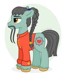 Size: 1301x1480 | Tagged: safe, artist:pink-pone, derpibooru import, oc, oc:weary bright, earth pony, pony, braid, clothes, facial hair, male, moustache, shirt, solo, stallion, unshorn fetlocks