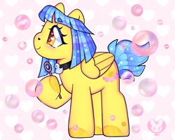 Size: 3411x2733 | Tagged: safe, artist:bunxl, derpibooru import, oc, oc:bubble "duckie" bath, pegasus, pony, blowing bubbles, bubble, choker, hooves, solo, tiled background