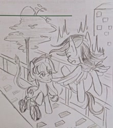 Size: 640x723 | Tagged: safe, artist:snowzaaah, derpibooru import, applejack, rainbow dash, earth pony, pegasus, pony, appledash, appledashdailydoodles, doodle, female, lesbian, monochrome, noragami, pencil drawing, shipping, sketch, traditional art