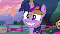 Size: 1280x720 | Tagged: safe, derpibooru import, screencap, fluttershy, twilight sparkle, twilight sparkle (alicorn), alicorn, pony, castle sweet castle, season 5, adorkable, cute, dork, female, grin, mare, mud, muddy, nervous, nervous grin, smiling, solo, twiabetes