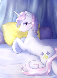 Size: 3349x4555 | Tagged: safe, artist:aquoquoo, derpibooru import, fleur-de-lis, pony, unicorn, bed, bedroom eyes, high res, looking at you, looking back, looking back at you, lying down, male, on bed, pillow, prone, rule 63, solo, stallion, underhoof