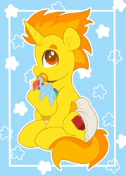 Size: 2568x3584 | Tagged: safe, artist:duckie, derpibooru import, rainbow dash, oc, pony, unicorn, abdl, button eyes, diaper, eyebrows, looking at you, pacifier, plushie, sitting, solo