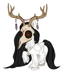 Size: 1097x1280 | Tagged: safe, artist:freshpoison, derpibooru import, oc, oc:ellis the wendigo, pegasus, black hair, deer skull, female, long hair, red eyes, solo, wendigo pony, white fur