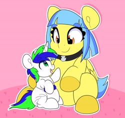 Size: 4000x3769 | Tagged: safe, artist:duckie, derpibooru import, oc, oc only, oc:bubble "duckie" bath, pegasus, pony, unicorn, abdl, age regression, choker, colored hooves, diaper, duo, eye clipping through hair, eye contact, eyebrows, eyebrows visible through hair, foal, folded wings, hooves, horn, looking at each other, looking at someone, open mouth, orange eyes, outline, pegasus oc, sitting, smiling, solo, tail, tongue, tongue out, two toned mane, two toned tail, unicorn oc, white outline, wings
