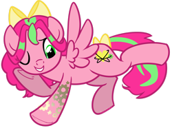 Size: 2843x2110 | Tagged: safe, artist:khimi-chan, derpibooru import, oc, oc only, pegasus, pony, bow, eyelashes, female, hair bow, mare, one eye closed, pegasus oc, simple background, solo, tail, tail bow, tattoo, transparent background, underhoof, wings, wink