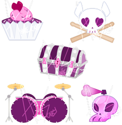 Size: 2420x2477 | Tagged: safe, artist:khimi-chan, derpibooru import, oc, oc only, chest, cupcake, cutie mark, cutie mark only, drums, food, musical instrument, no pony, simple background, skull, transparent background