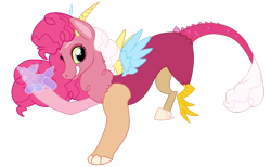 Size: 3122x1921 | Tagged: safe, artist:khimi-chan, derpibooru import, oc, oc only, draconequus, draconequus oc, female, grin, interspecies offspring, offspring, parent:discord, parent:pinkie pie, parents:discopie, simple background, smiling, solo, transparent background