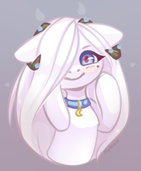 Size: 1153x1402 | Tagged: safe, artist:avonir, derpibooru import, oc, oc only, pony, bust, choker, female, hair over one eye, horns, mare, smiling, solo
