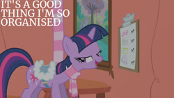 Size: 1280x720 | Tagged: safe, derpibooru import, edit, edited screencap, editor:quoterific, screencap, twilight sparkle, unicorn twilight, pony, unicorn, season 1, winter wrap up, clipboard, female, golden oaks library, mare, open mouth, open smile, smiling, solo