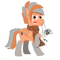 Size: 1200x1200 | Tagged: safe, artist:habiepon3, derpibooru import, oc, oc only, oc:habie hardcores, pegasus, pony, 2022 community collab, base used, clothes, controller, derpibooru community collaboration, looking at you, male, scarf, simple background, smiling, solo, transparent background