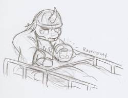 Size: 1267x973 | Tagged: safe, artist:puffy the ravenpuff, derpibooru import, oc, oc:berzie, changedling, changeling, bed, changeling oc, clothes, hard hat, hat, hospital bed, jar, pondering my orb, sketch