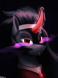 Size: 1000x1346 | Tagged: safe, artist:trotski432, derpibooru import, king sombra, pony, unicorn, bust, clothes, crystal, curved horn, eye mist, fangs, glowing, glowing horn, horn, looking at you, magic, male, palindrome get, portrait, simple background, solo, stallion