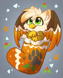 Size: 1731x2132 | Tagged: safe, artist:colorfulcolor233, derpibooru import, oc, oc only, oc:ember burd, griffon, beak, chibi, christmas, christmas stocking, colored wings, commission, cute, eared griffon, feather, gradient wings, griffon oc, holiday, holly, male, multicolored wings, ocbetes, paw prints, solo, talons, wings, ych result