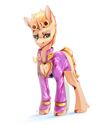 Size: 1313x1487 | Tagged: safe, artist:adamange1, derpibooru import, pony, unicorn, anime, blonde, blonde hair, blonde mane, boob window, bottomless, braid, braided tail, clothes, giorno giovanna, green eyes, horn, jojo's bizarre adventure, nudity, partial nudity, ponified, standing, tail, yellow hair, yellow mane