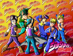 Size: 2600x2000 | Tagged: safe, artist:franklord, derpibooru import, pony, anime, black hair, blue eyes, blue hair, giorno giovanna, green eyes, green hair, jojo pose, jojo's bizarre adventure, jolyne kujo, jonathan joestar, joseph joestar, josuke higashikata, jotaro kujo, orange background, pointing, ponified, purple hair, red background, simple background, wallpaper, yellow background