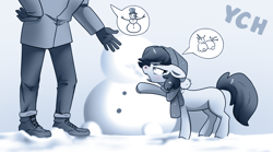 Size: 1438x800 | Tagged: safe, artist:28gooddays, derpibooru import, human, pony, clothes, monochrome, snow, snowman, winter, winter outfit, ych example, ych sketch, your character here