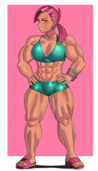 Size: 800x1392 | Tagged: safe, artist:tzc, derpibooru import, babs seed, human, abs, abs seed, alternate hairstyle, belly button, clothes, ear piercing, earring, feet, female, fetish, grin, humanized, jewelry, muscle fetish, muscles, muscular female, older, older babs seed, piercing, sandals, shorts, smiling, solo, sports bra, sports shorts