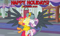 Size: 2064x1242 | Tagged: safe, artist:jeatz-axl, artist:not-yet-a-brony, derpibooru import, apple bloom, gabby, scootaloo, sweetie belle, earth pony, pegasus, unicorn, 2021, bear hug, christmas, christmas eve, cutie mark crusaders, december, friendship, friendship tutors, happy holidays, hearth's warming, hearth's warming eve, holiday, hug, new years eve, school of friendship