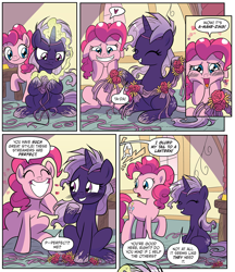 Size: 1880x2177 | Tagged: safe, artist:michela cacciatore, derpibooru import, idw, pinkie pie, violet shiver, earth pony, spoiler:comic, spoiler:comicgenerations03, blushing, female, heart eyes, magic, my little pony: generations, smiling, streamers, wingding eyes