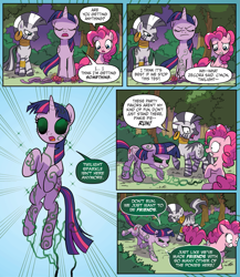 Size: 1865x2145 | Tagged: safe, artist:michela cacciatore, derpibooru import, idw, pinkie pie, twilight sparkle, twilight sparkle (alicorn), zecora, alicorn, earth pony, zebra, spoiler:comic, spoiler:comicgenerations03, brainwashing, chase, eyes closed, female, my little pony: generations, possessed, you know for kids