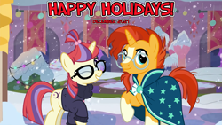 Size: 2063x1160 | Tagged: safe, anonymous artist, artist:chainchomp2 edit, artist:jhayarr23, derpibooru import, edit, moondancer, sunburst, pony, unicorn, 2021, christmas, christmas eve, december, duo, female, friendship, happy holidays, hearth's warming, hearth's warming eve, holiday, librarian, male, new year, new years eve, one eye closed, school of friendship, shipping, smiling, snow, snowfall, stallion, straight, sundancer, vector, vice principal sunburst, wink, winter, youtube link in the description