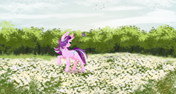 Size: 3840x2060 | Tagged: safe, artist:elektra-gertly, derpibooru import, starlight glimmer, butterfly, pony, unicorn, cloud, flower, raised hoof, raised leg, sky